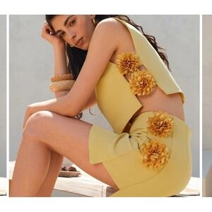 Commense Mustard Skirt Set with Floral Details